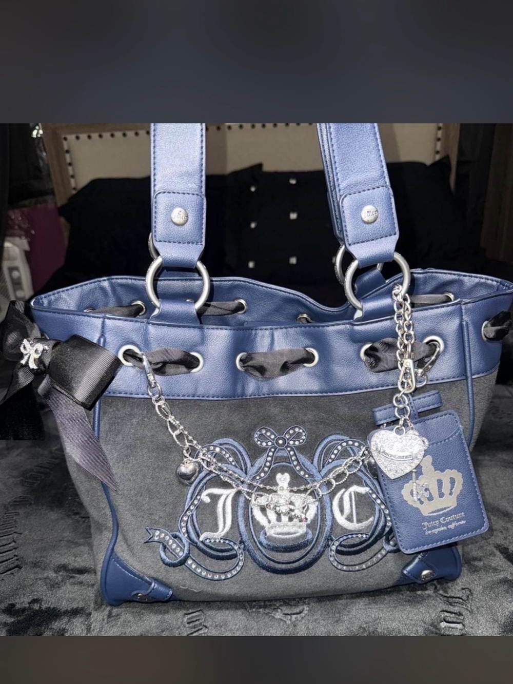 Juicy Couture Navy Blue and Gray Embroidered Logo Shoulder Bag
